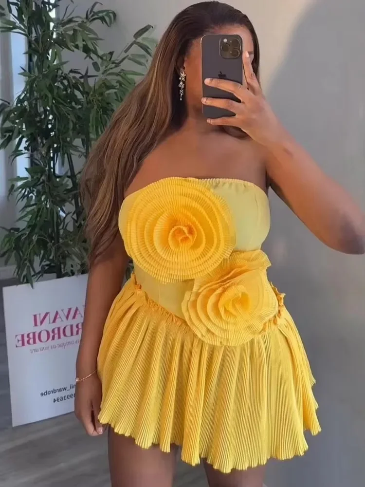 2025 nieuwe Mode Vrouwen Strapless 3D Bloem Mouwloze Bodycon Mini Jurk Zoete Sexy Verjaardag Avond Night Party Club Vestidos