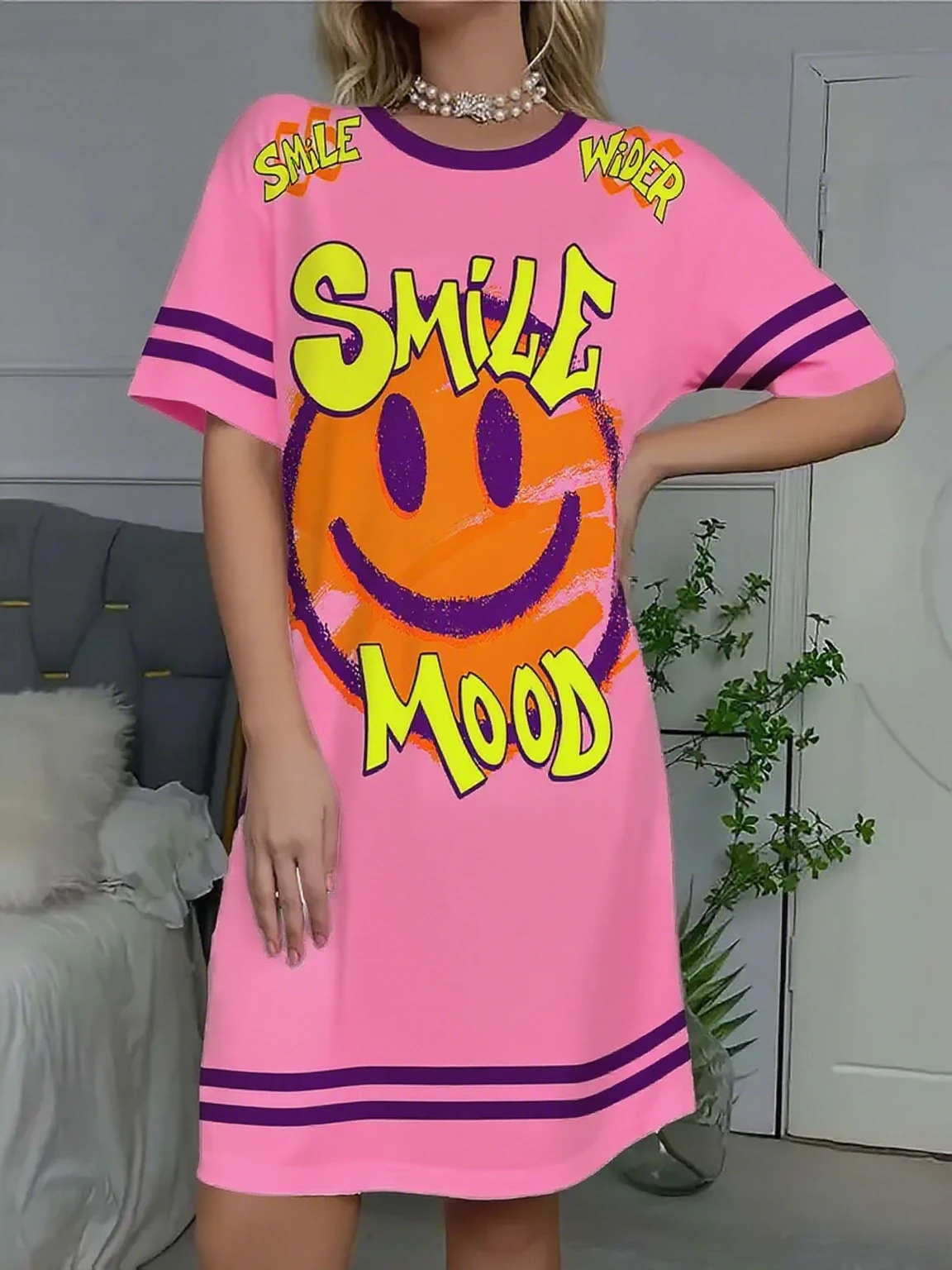 الصيف المرأة تي شيرت فستان حجم كبير وجه مبتسم غير رسمي رقم 23 مطبوعة سيدة قصيرة الأكمام البلوز فساتين النساء الملابس #4