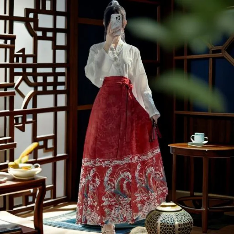 [Fengyu] سلالة مينغ الوقوف طوق Hanfu المرأة النمط الصيني المطبوعة ماميان تنورة مجموعة الرجعية التطريز لباس غير رسمي