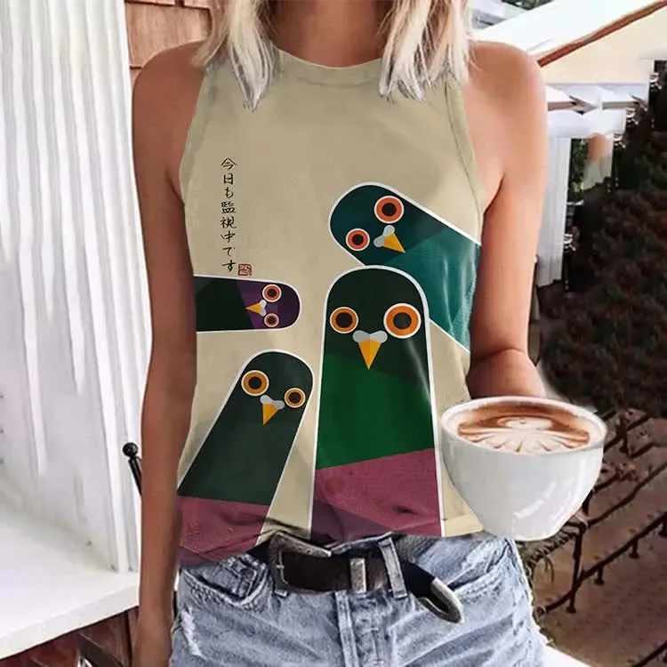 Japanese Retro Surveillance Bird Pattern Art Print Crew Neck Tank Top Summer Women's Casual Vest