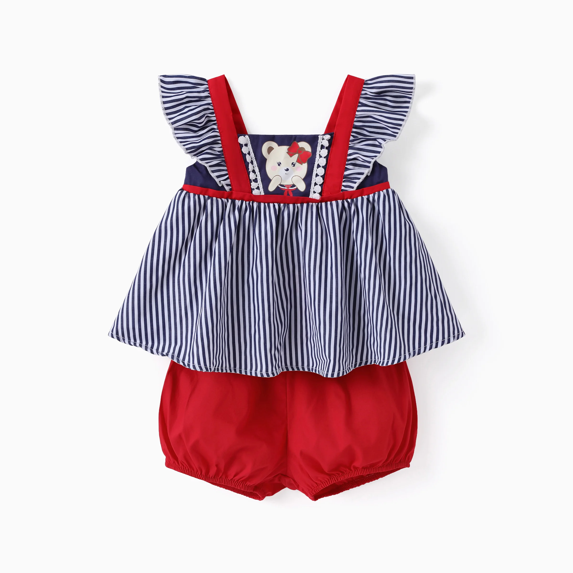

PatPat Baby Girl 2pcs Childlike Bear Embroidery Striped Top and Shorts Set