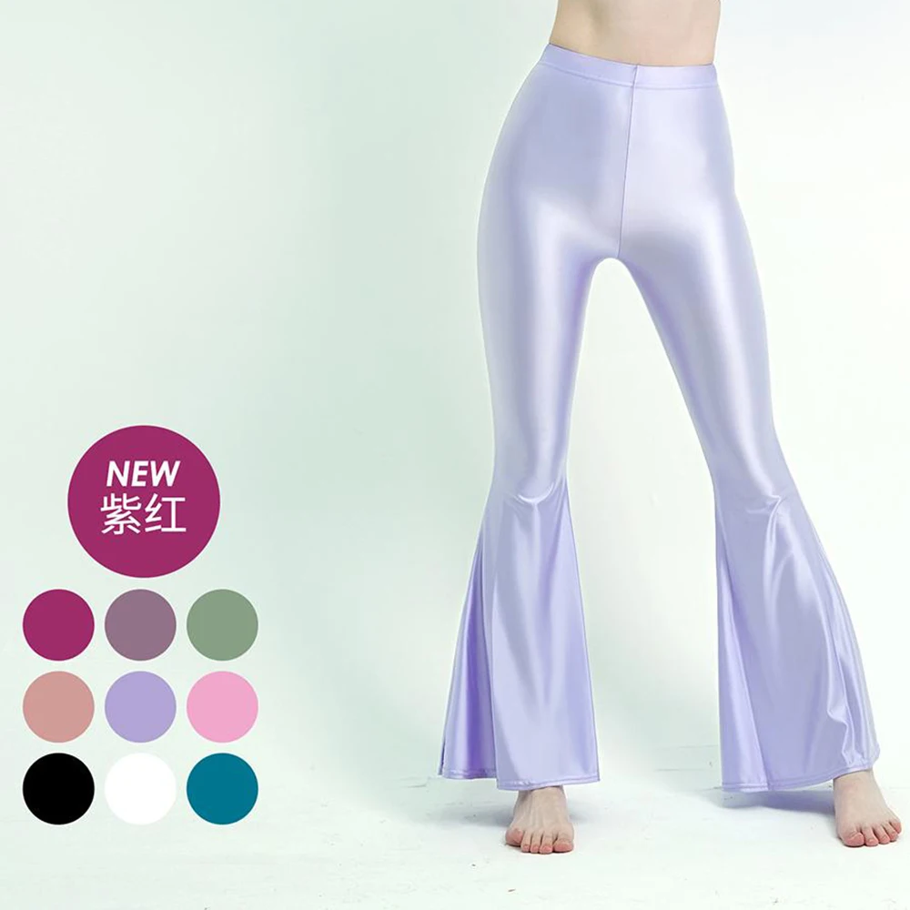 

Glossy silk sexy satin flare pants leggings High waist plus size shiny yoga sport sweatpants trousers