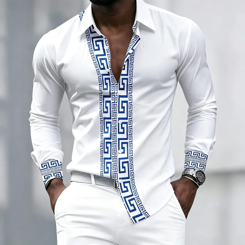 Men's black long sleeved lapel shirt with a placket, collar, and cuffs, printed in contrasting colors, slim fit business top