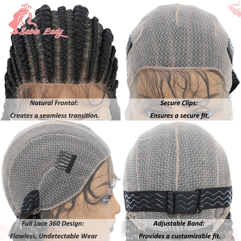 Full Lace Cornrow Box trançado peruca para mulheres negras, sintético, frente de renda, tranças Jumbo, perucas trançadas sem nós, peruca de cabelo africano