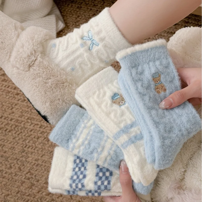 Cute Bear Embroidery Medium Stockings Women's Autumn and Winter Thickened Warm Bowknot Fried Dough Twists Plush Home