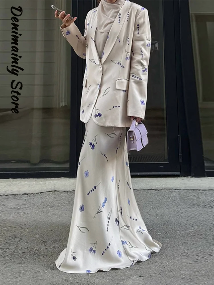 

Elegant Print Jacket Skirt Set Women Lapel Full Sleeve Loose Coat Straight Long Skirts 2025 Autumn New Lady Chic 2 Pieces Suit