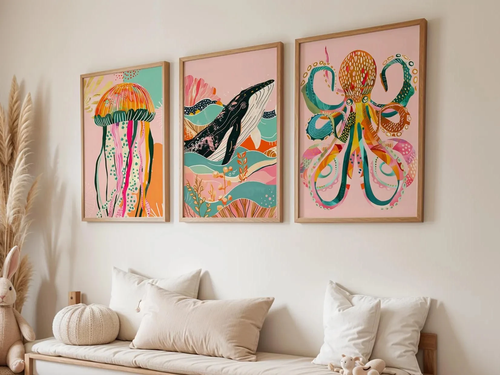 Set Of 3 Sea Animal Posters, Kids Wall Prints, Whale, Jelly Fish, Octopus, Pink Wall Decor, Magical Wall Art, Nursery Prints