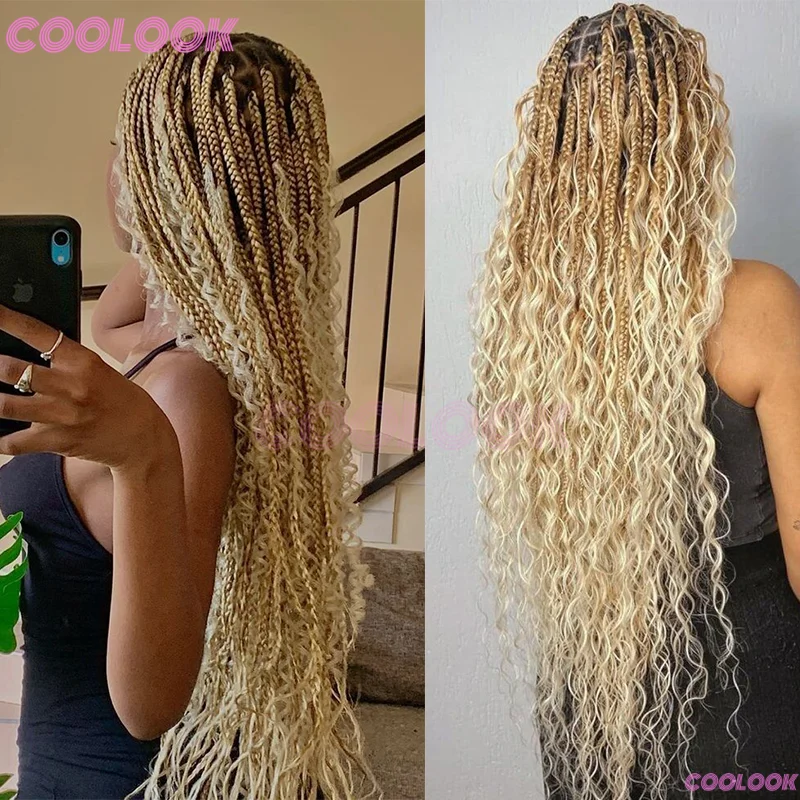 32 "perucas dianteiras de renda sintética para mulheres boho tranças perucas de renda sem nós caixa tranças peruca marrom africana