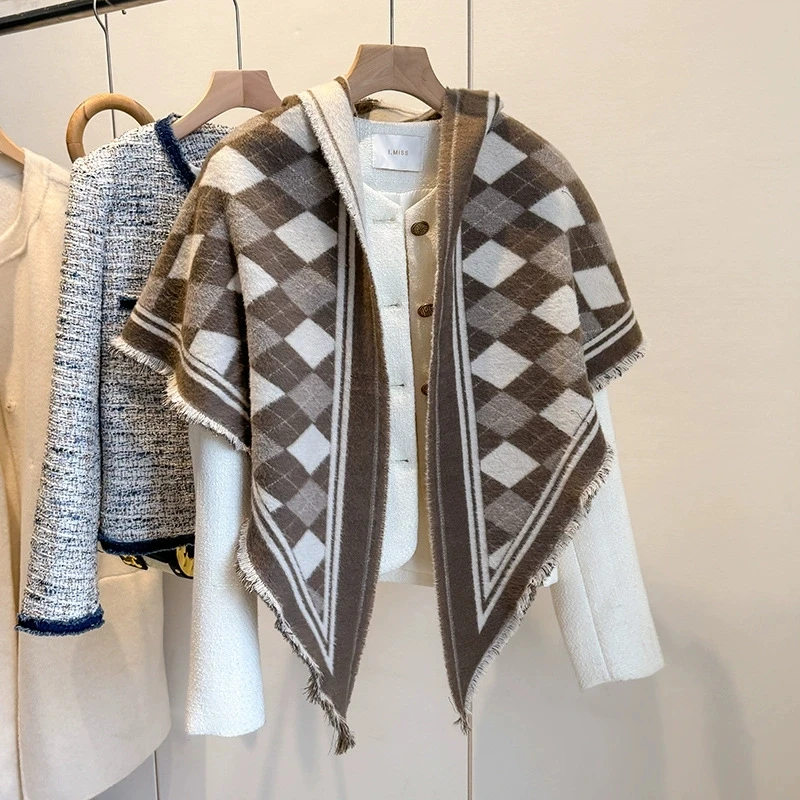 Damska dwustronna chusta trójkątna z imitacji kaszmiru, peleryna, okrycie wierzchnie, ciepła chusta w szachownicę, szale i etole.