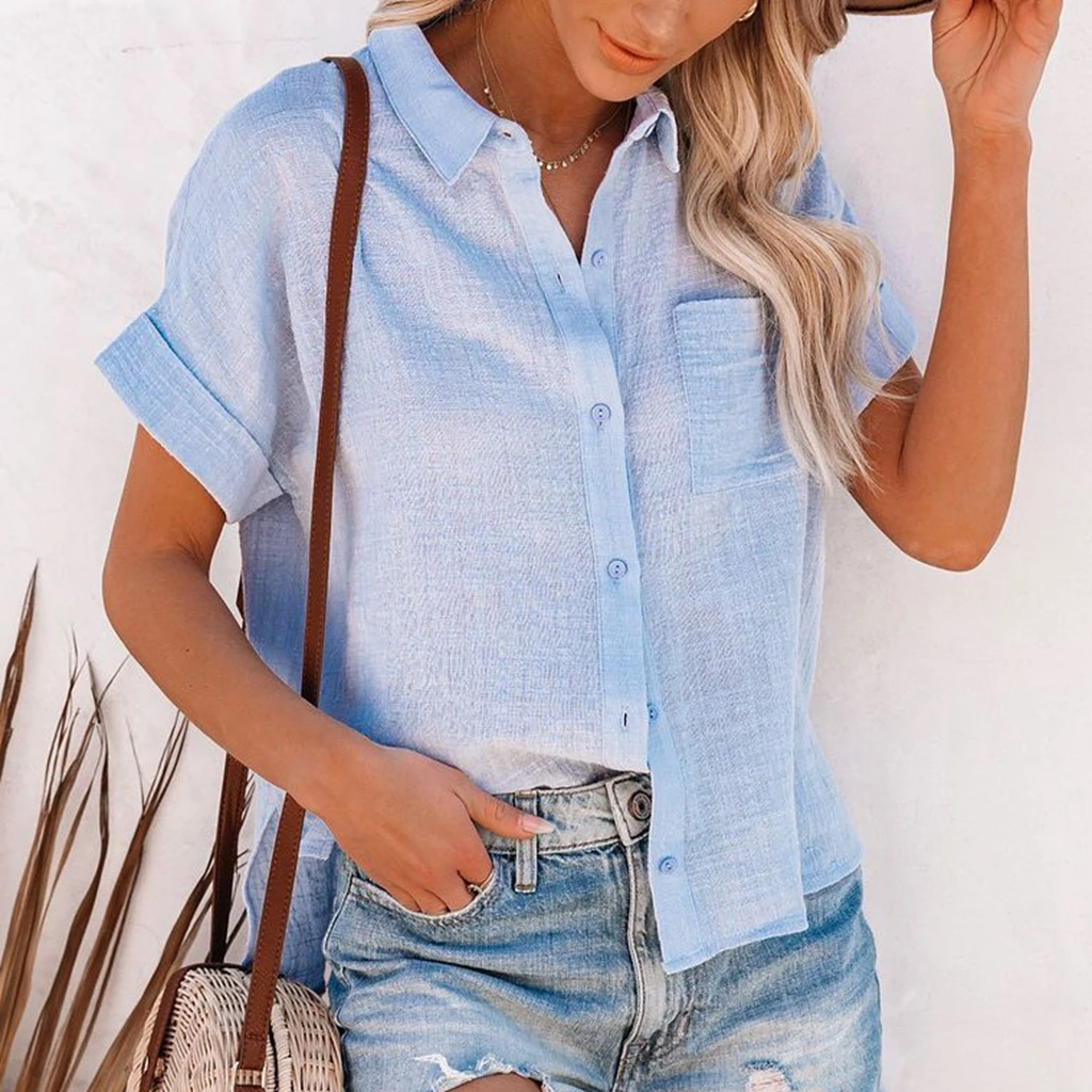 Women's Elegant Summer Cotton Linen Tops Short Sleeve Lapel Button Up Solid Color Shirt with One Pocket  Casual image 4