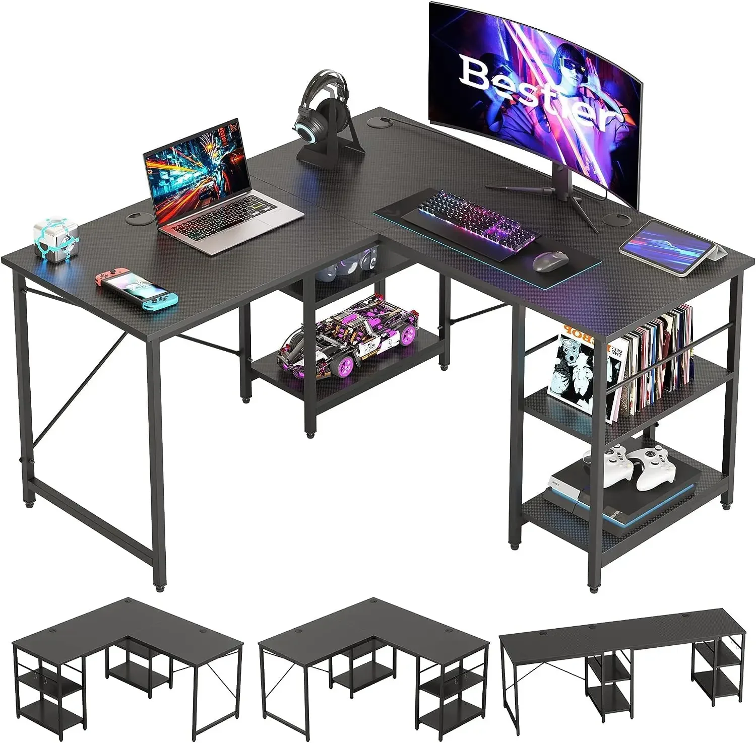 

Shaped Desk with Shelves 86 Inch Reversible Corner Computer Desk or 2 Person Long Table for Home Office Large Gaming Writing