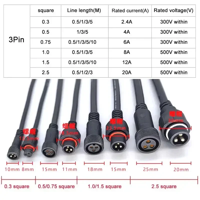 Waterproof 3Pin Male to Female Extension Cable 0.3/0.5/0.75/1.0/1.5/2.5 Square Outdoor LED Plug Aviation Power Cord Connector