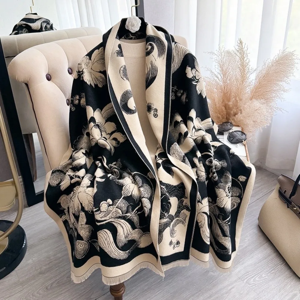 

Luxury Imitation Cashmere Scarf Warm Lotus Print Pashmina Shawls Windproof Thick Jacquard Shawls