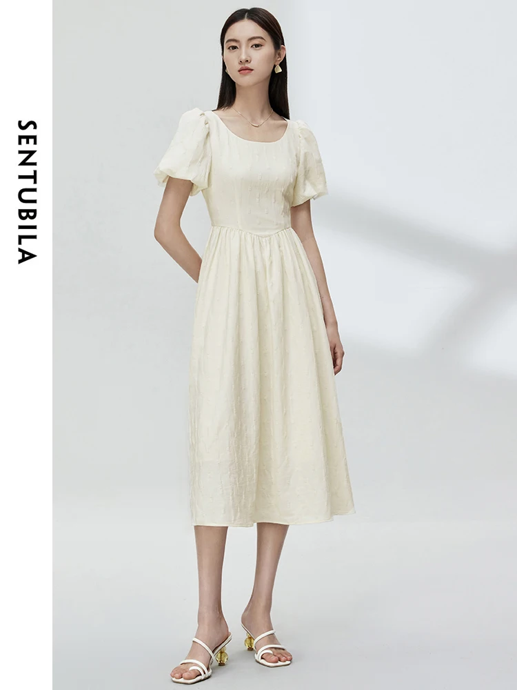 

SENTUBILA Apricot Jacquard A-line Short Sleeve Dress 2024 Summer Elegant Square Collar Puff Sleeve Women's Dresses M32L48847