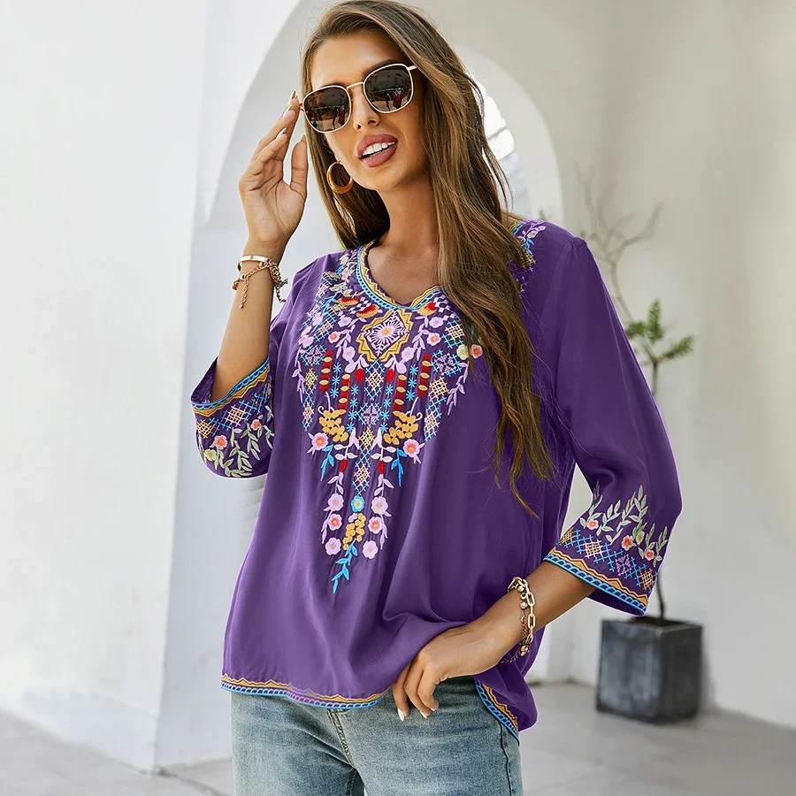 

Le Luz Floral Boho Embroidery Blouse Shirts Vintage Chic Mexican Autumn Blouse Women 2xl 3xl Ethnic Hippie Shirt Blouses Tops