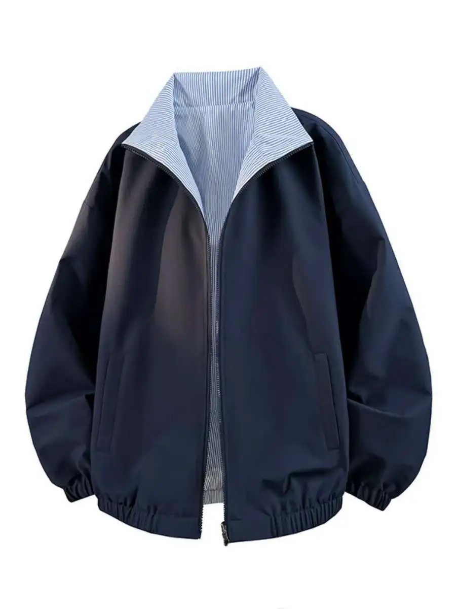 

Spring Autumn Loose Fit Men's Jaet Double Sided Wear Faionable Casual Striped Collared Open Cardigan Outerwear