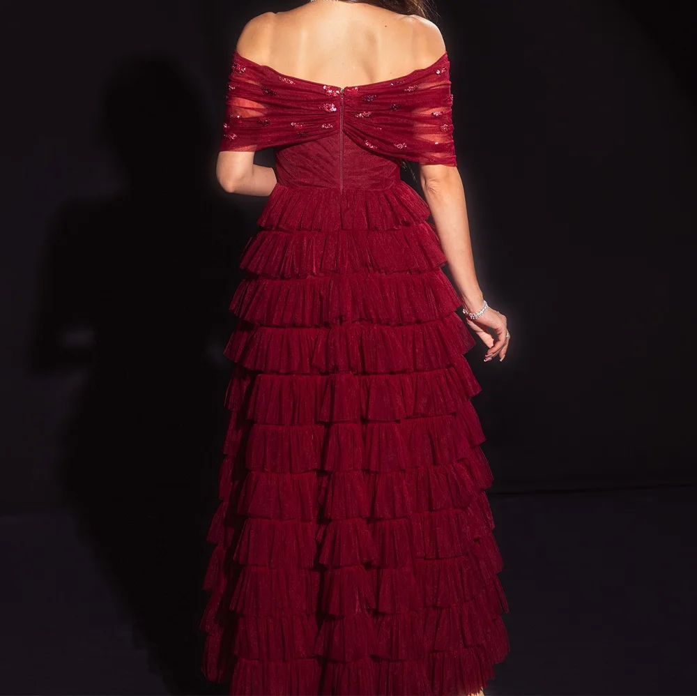 Exquisite Pleats Tiered Crystal Off the Shoulder Half Sleeves Evening Dresses Graceful A-Line Velvet Party Gowns فساتين سهرة