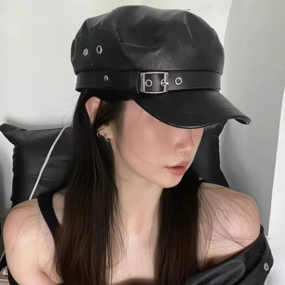 Classic Flat Top Beret Hat Black Adjustable Painter Hat PU Leather Punk Style Newsboy Cap