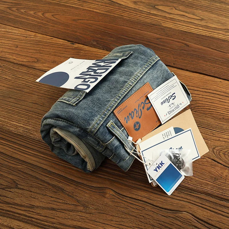 

American retro patchwork trendy brand jeans for men, high-end distressed design, street slim fit small leg pants