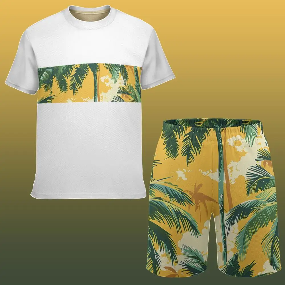 2025 New Daily Casual Short-sleeved Shorts Suit Men's Hawaiian Beach Print Pattern T-shirt Beach Surfing Quick-drying Shorts