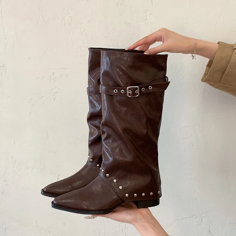 Autumn and Winter Slimming Versatile Retro Style Pointed Toe Thick Heel Rivet Pile Long Boots