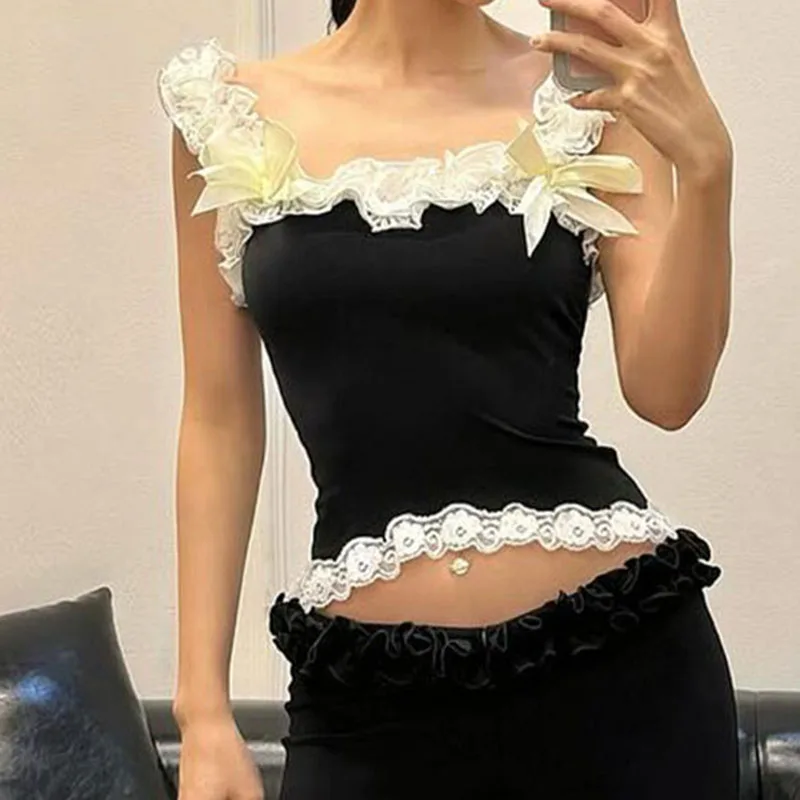 Aesthetic Cute Bow Trim Crop Tops Women Ruffle Lace Tank Tops Casual Summer Off Shoulder Vest Sleeveless Shirt Y2K Streetwear