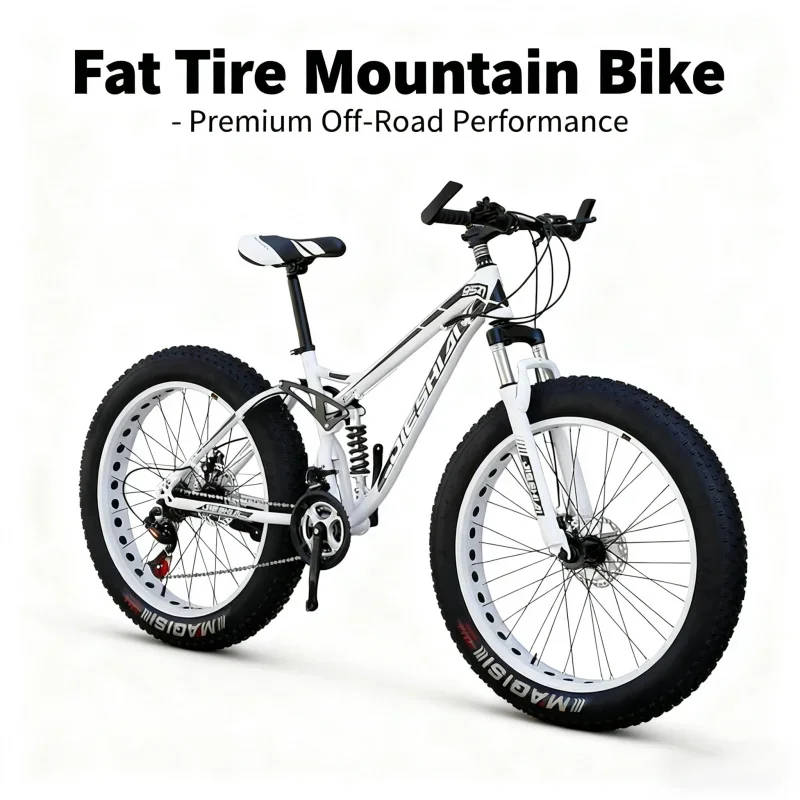 

Adult White & Black Hollow Design Mountain Bike - Off-Road Beach Snowmobile Dual Shock Absorption Large Tire Variable Speed
