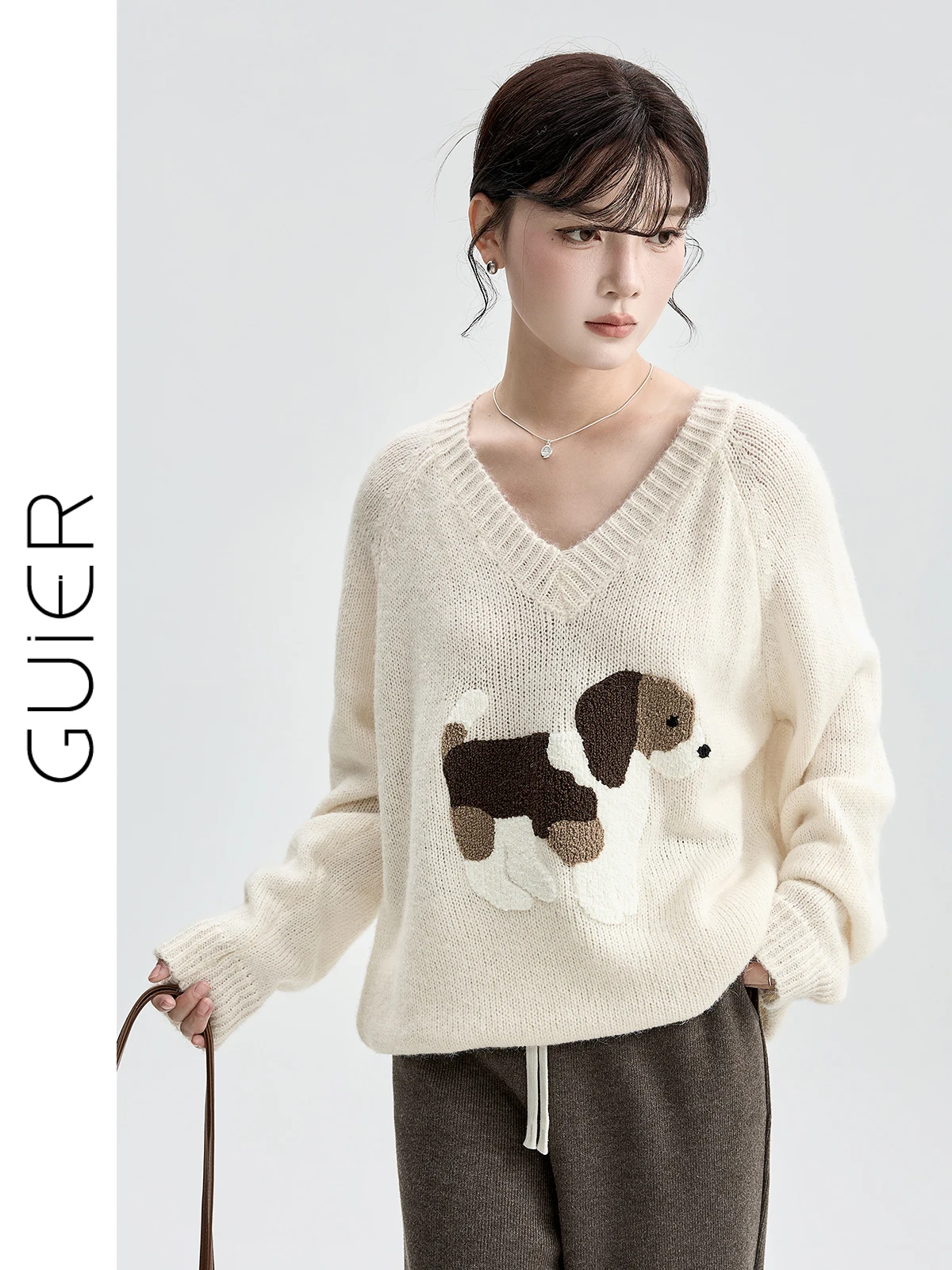 

Guier Dog V-ne Knitwear Women's Loose Fit Autumn Winter Faion Casual Versatile Long Sve Thermal Comfortable Knitted Top