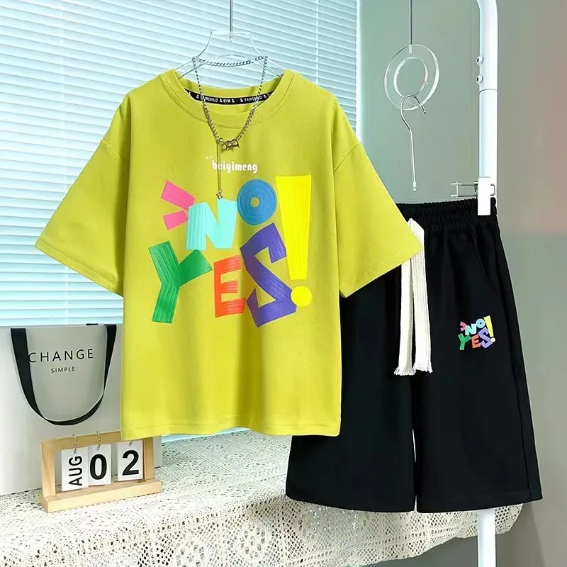 

Summer Boys Alphabet Patchwork T-Shirt Tops+Shorts Contrast Workout Sets School Kids 2PCS Tracksuit Child Jogging Outfit 5-16 Yr