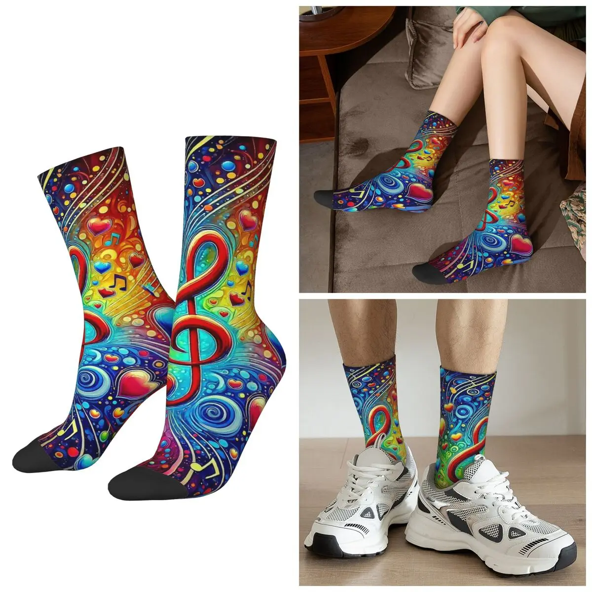 

All Seasons Musical Note Print Socks Harajuku Crew Socks Casual Stockings for Men Women Gifts