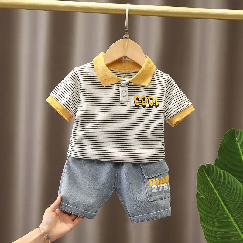 

Boys Clothing Summer Striped Printed Lapel Loose Cotton Casual Pullover Korean Version Kids Short Sleeve POLO Shirt Two Pieces
