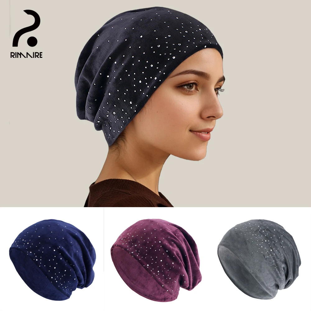 

Classic Black Islamic Muslim Turban Hats Fashion Diamonds Warmth Hijab for Women Ladies Headband Scarf Cap Shawls RIMAIRE