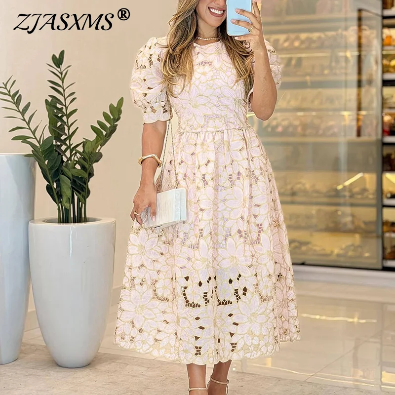 

Кружевное вязанное крючком платье с крючком и цветком, женское весеннее длинное вечернее платье с круглым вырезом и высокой талией, летнее жаккардовое сексуальное платье с короткими рукавами