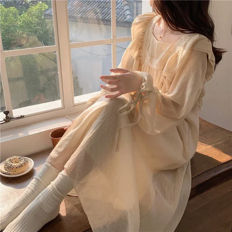 Lace Nightgown Sleepwear Womens Korean Ruffles Night Dress Lace One Piece Pajamas Autumn Long Sleeve Square Collar Home Wear New