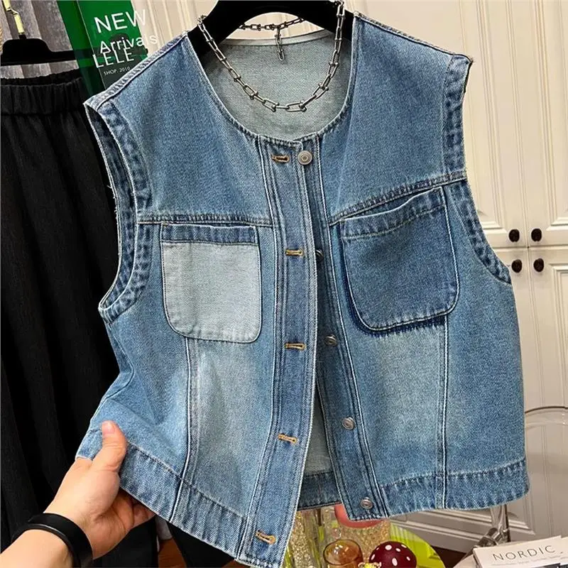 

Свободный джинсовый жилет, летняя новинка Sle ketl Svel Top Color Blo Design, повседневный американский Sle Teenager Faion