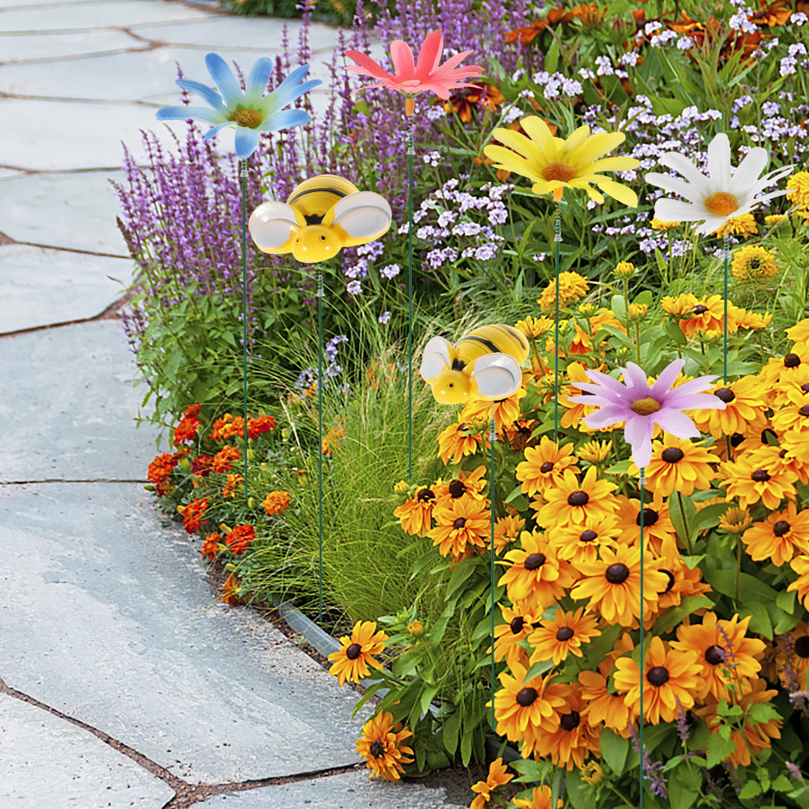 

1 set Simulated Bee Flower Decorative Stakes Three dimensional Garden naments Wood Piles Realistic Yard Lawn Planter Supplies