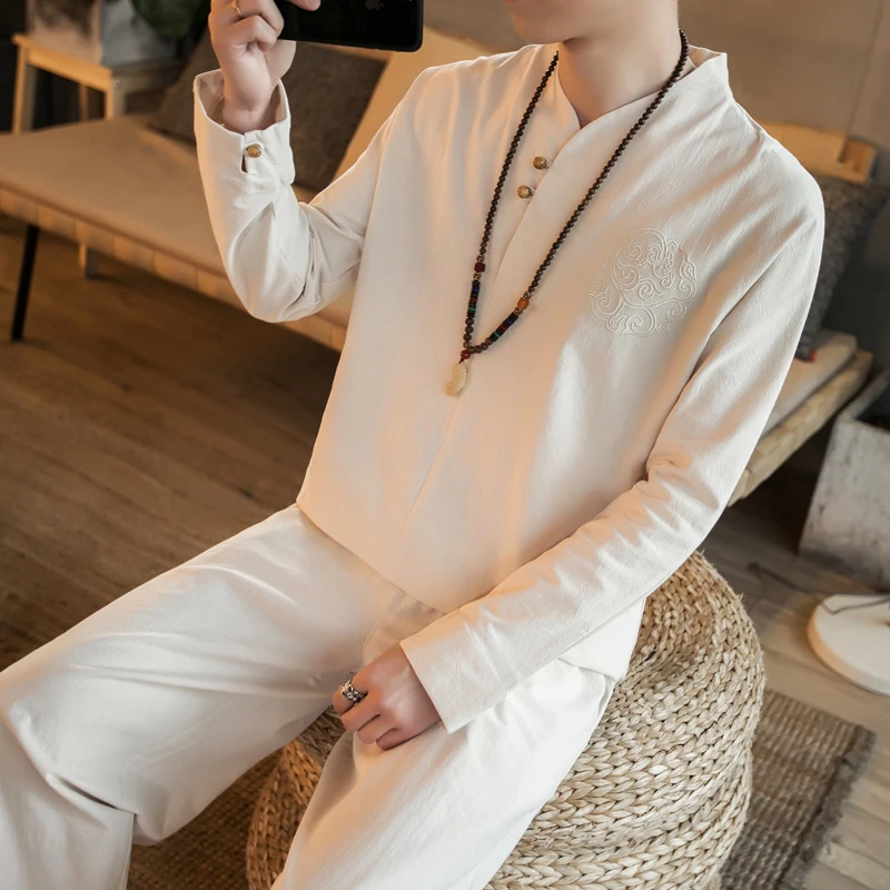 

2pcs Set Men's Cotton Linen Shirt and Pants Suits for Men Beach Wear Tracksuit Solid Color Shirts Sweatpants Hawaiian Vacation