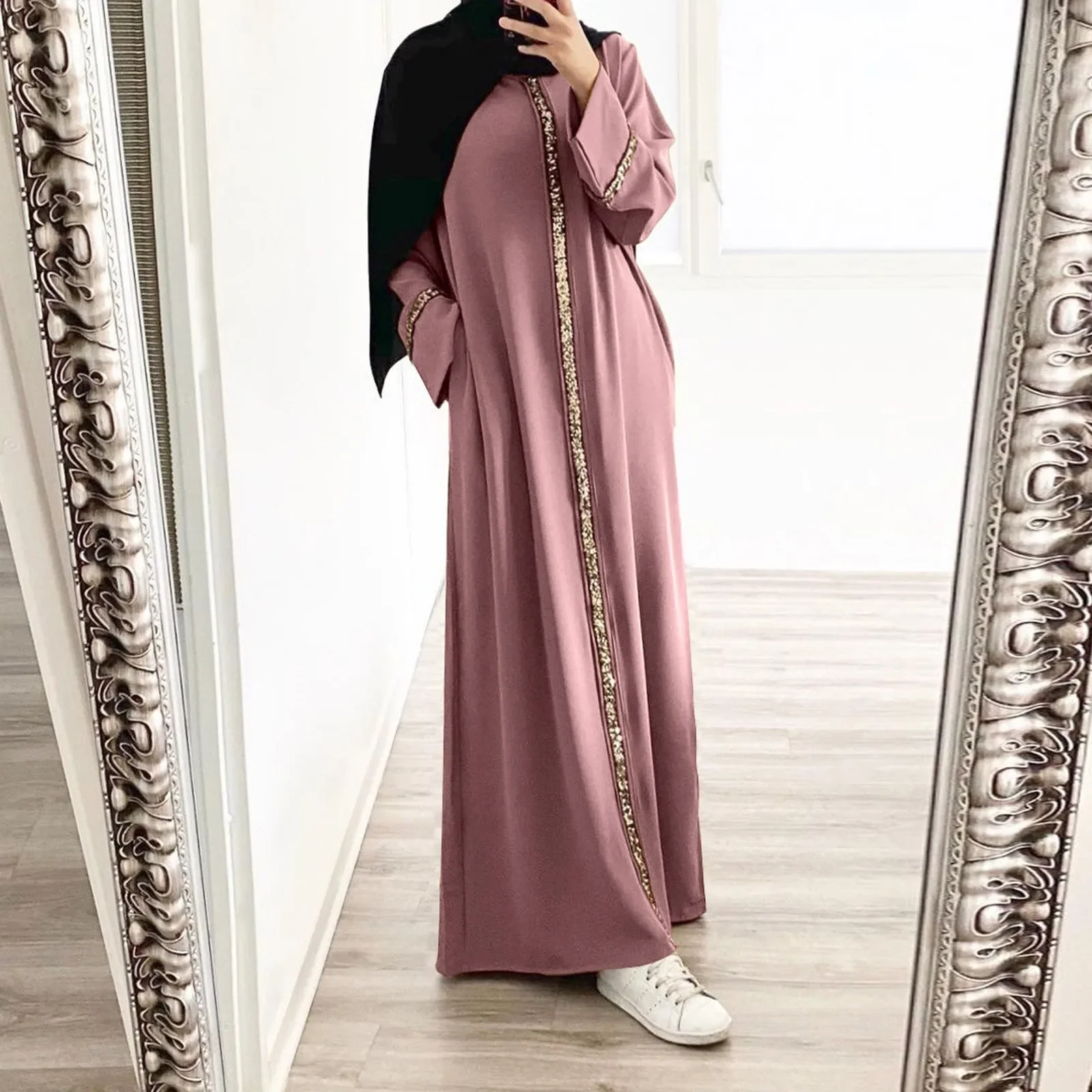 Solid Color Roound Neck Dress Long Sleeve Loose Fit Casual Dresses for Women Draped Comfortable Dress