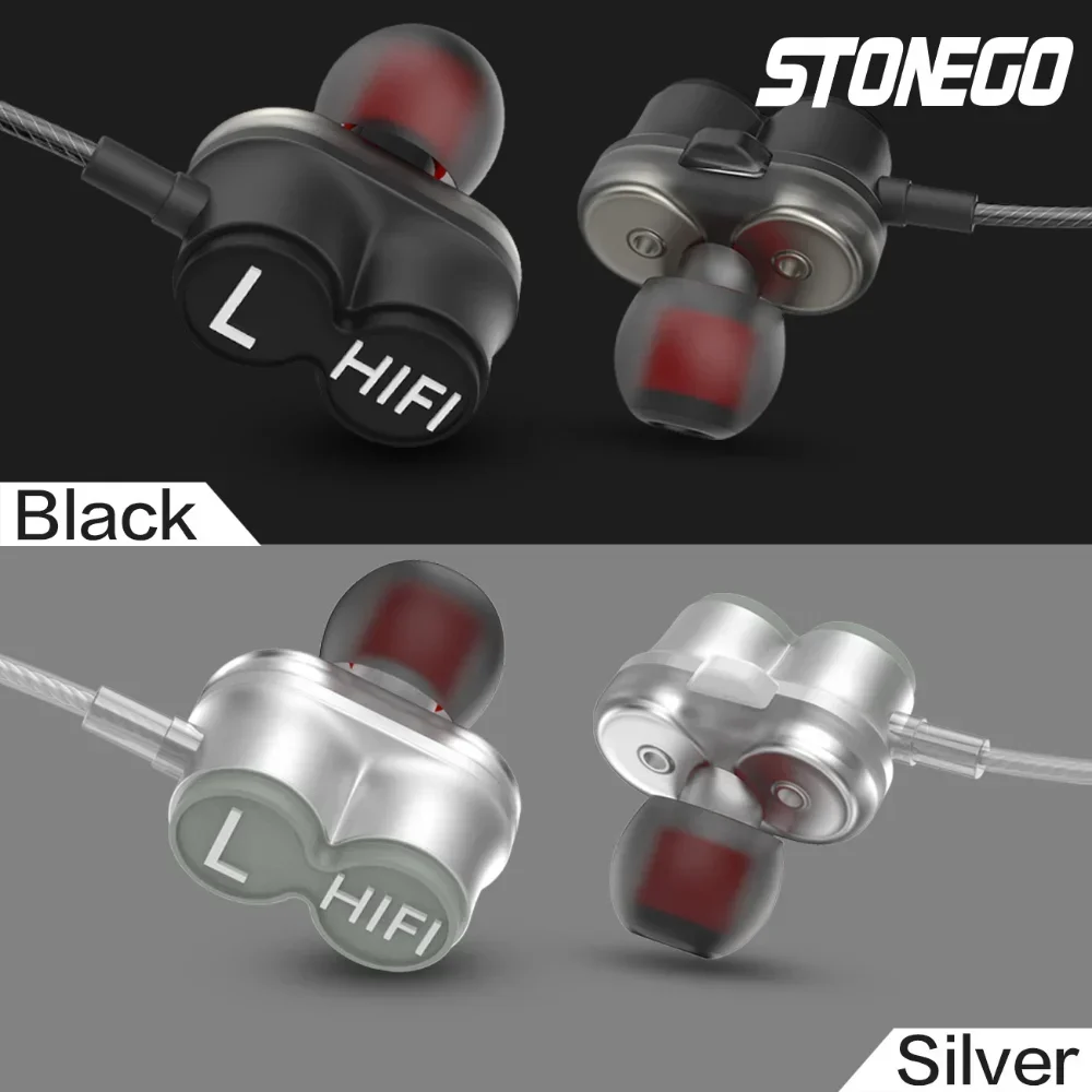 STONEGO  3.5mm Jack Dual Driver In-Ear Earbuds Earphones Sports Dynamic Headphones Hands-Free Microphone Extra Stereo Bass