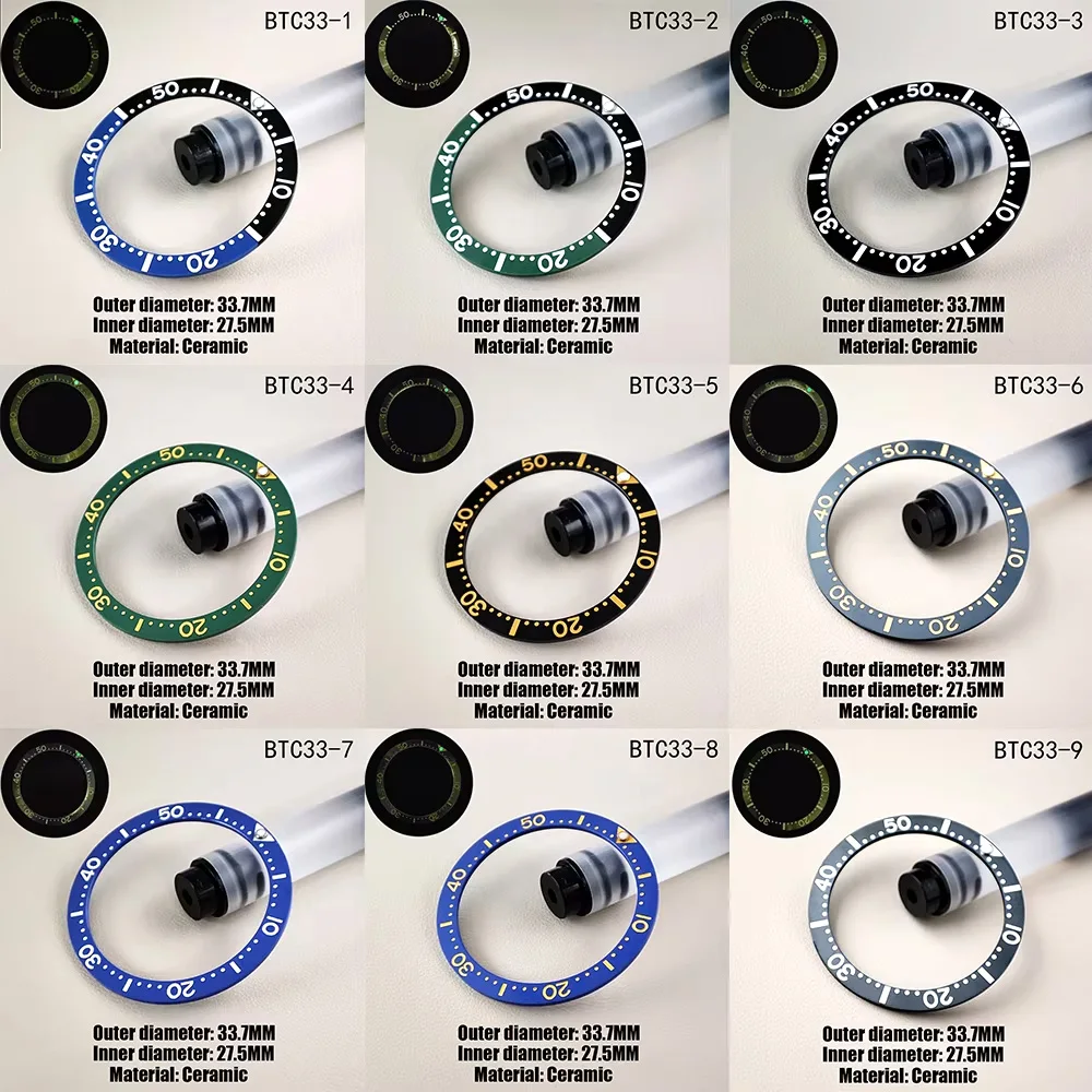 33,7 mm * 27,5 mm Uhrenlünette, flach, hochwertiger Keramikeinsatz, Messung, Ersatz-Uhreneinsatzring, leuchtendes Uhrenzubehör