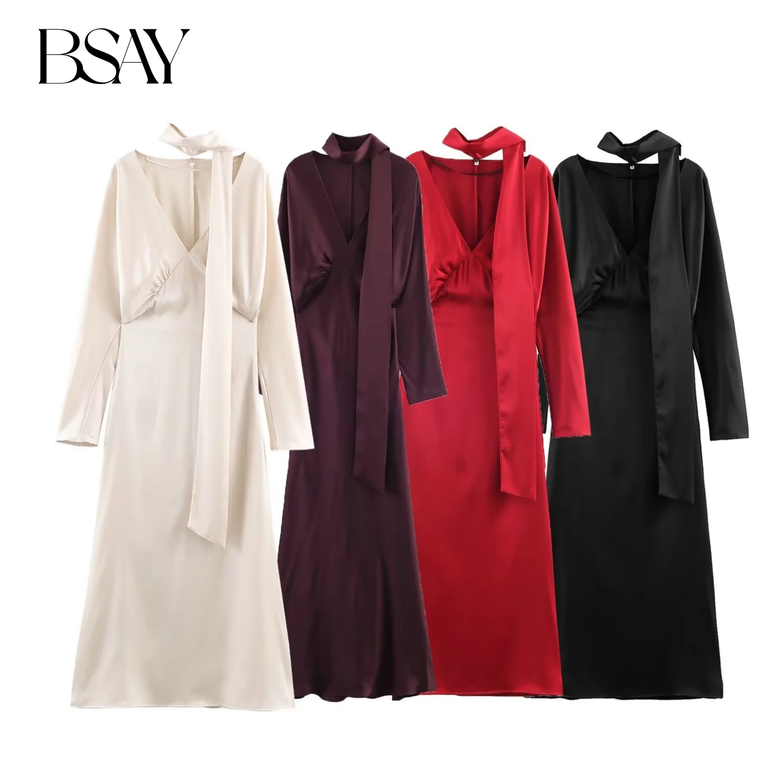 BSAY – robe écharpe en Satin pour femmes, mode automne hiver, nouvelles plis, manches longues, col en v, robes de soirée françaises