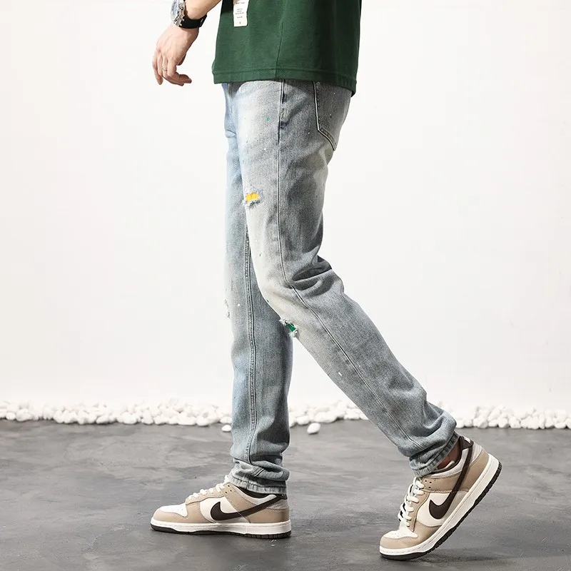 Street Fashion Men Jeans Retro Washed Blue Elastic Slim Fit Painted Ripped Jeans Men Patched Designer Vintage Denim Pants Hombre