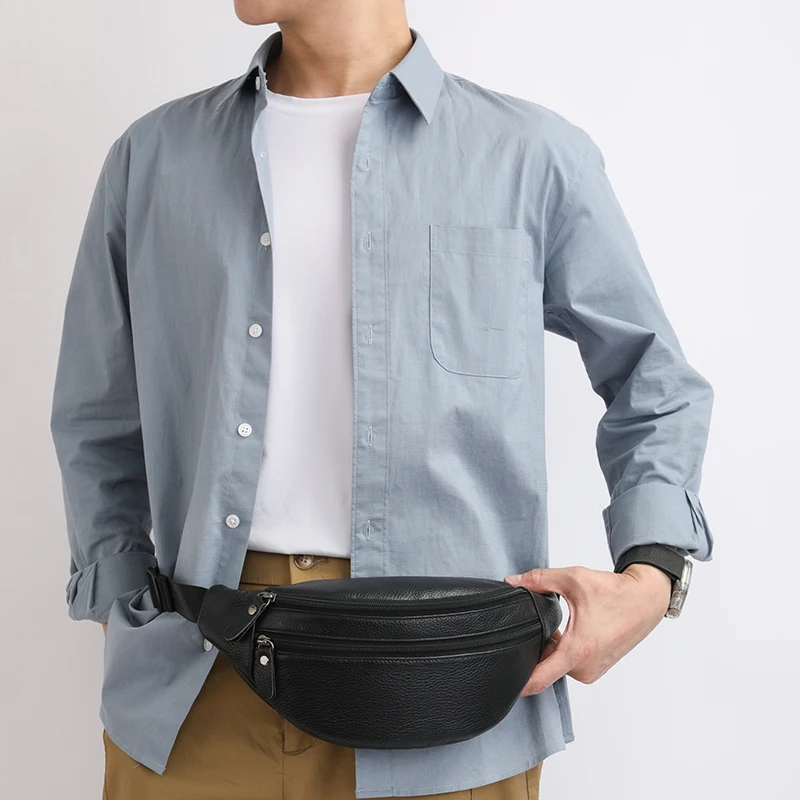 

Casual Real Cow Leather Big Waist Bag for Men Women Fanny Bag Mini ipad Pouch Sling Shoulder Bag Unisex Waist Packs riñonera sac
