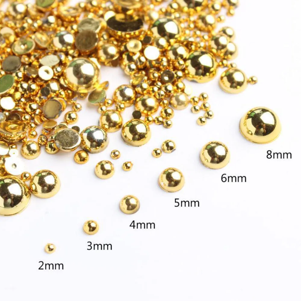 1000pcs/Bag White Gold Silver Pearls Half Round Pearl Nail Charm 3D Caviar Beads Manicure Supplies Flatback Pearl Mix Size Decor