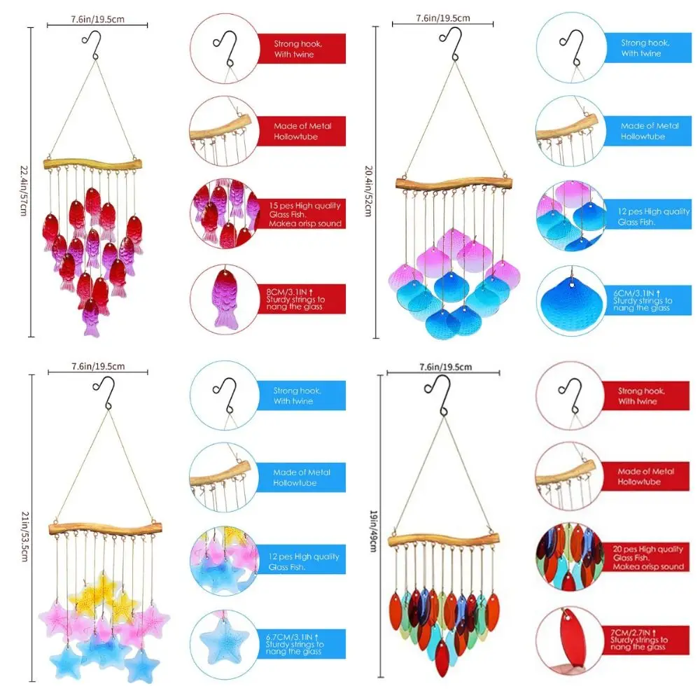 Creative Fish Shaped Wind Chime Shell Colorful Sun Catcher Iron Art Exquisite Colored Glass Wind Chime Beach Parties