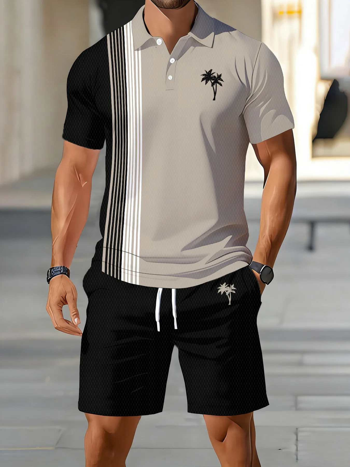 

2026 Summer American Men's Short-Sleeved Polo Shirt Set - Casual Fashionable Comfortable - 3D Coconut Tree Pattern Print