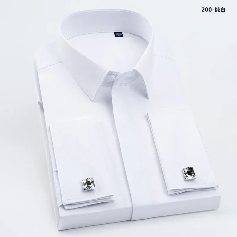 Men French Cufflinks Shirt High Quality Hidden Button Men\'s Long Sleeve Casual Slim Fit Cuff Dress Shirts (Cufflinks Included)