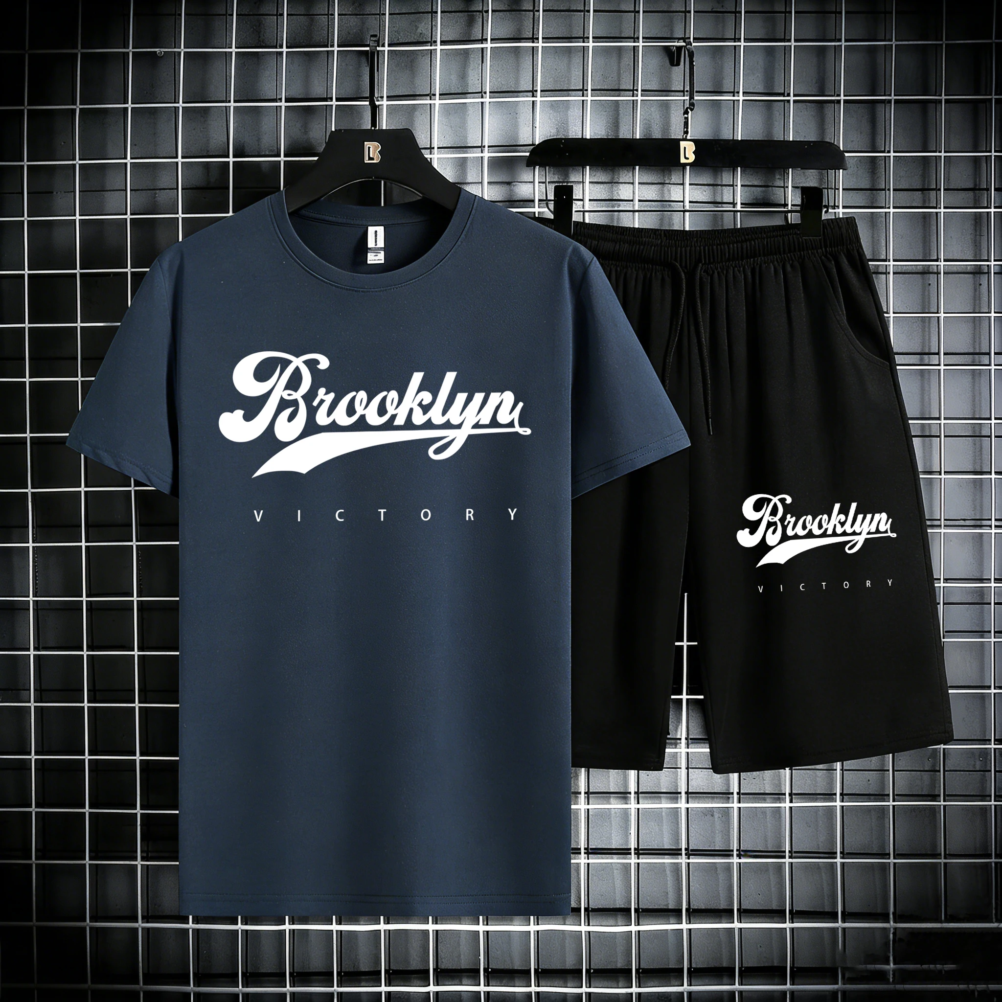 

Brooklyn Victory Logo Pattern Men Cotton Summer Loose Sportswear Set Daily Pocket Shorts Street Gym T-Shirt Casual Classic Pants