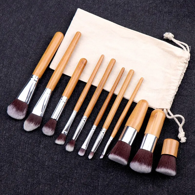 Conjunto de pincéis de maquiagem com cabo de bambu natural, 11 peças, base de alta qualidade, mistura de cosméticos, conjunto de ferramentas de maquiagem com bolsa de algodão