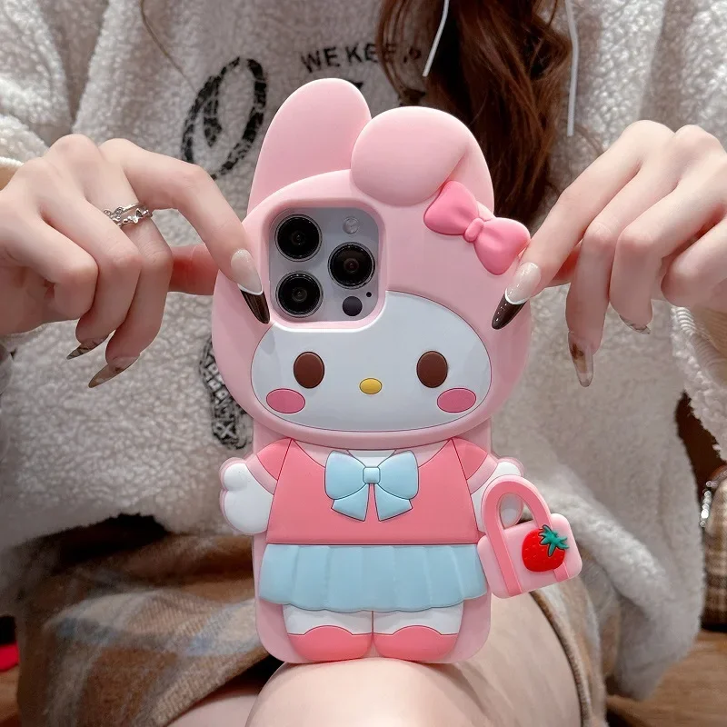 Kawaii Hello Kitty 3D Silicone Phone Case for IPhone 16 15 14 13 12 11 Pro Max Sanrio Anime Kuromi My Melody Protective Cover